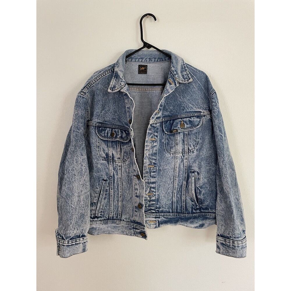 Vtg USA Lee Sz L(42-44) Button Front Crop Denim Trucker Jacket Light Wash Grunge